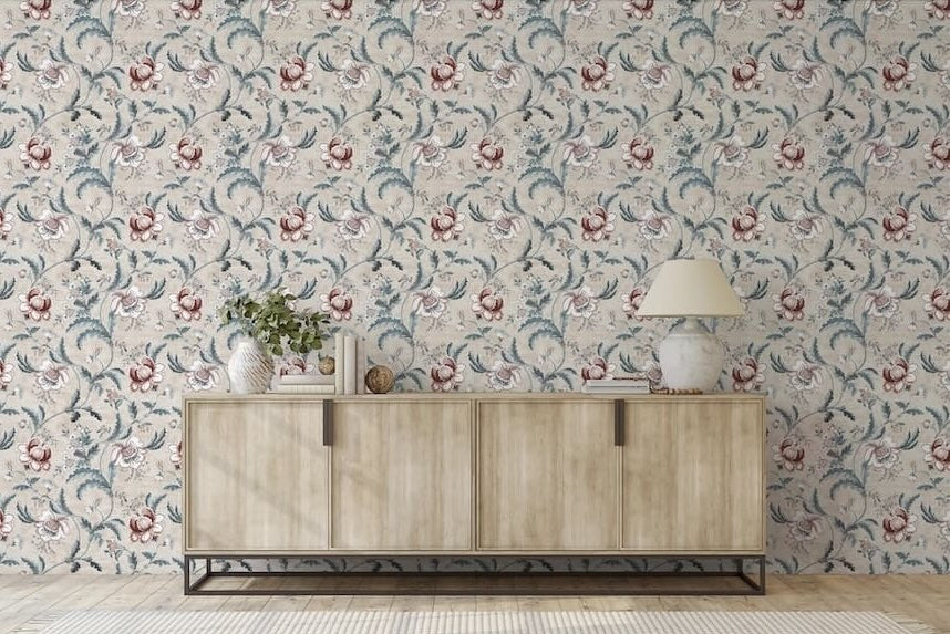 Esselle Tapestry Floral Vermilion Blue Wallpaper