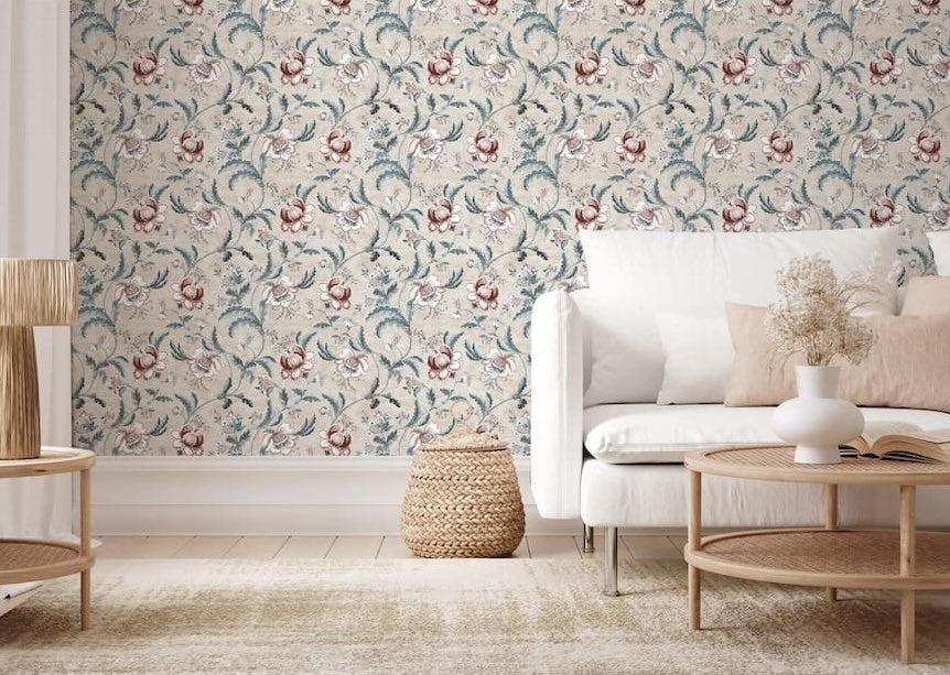 Esselle Tapestry Floral Vermilion Blue Wallpaper