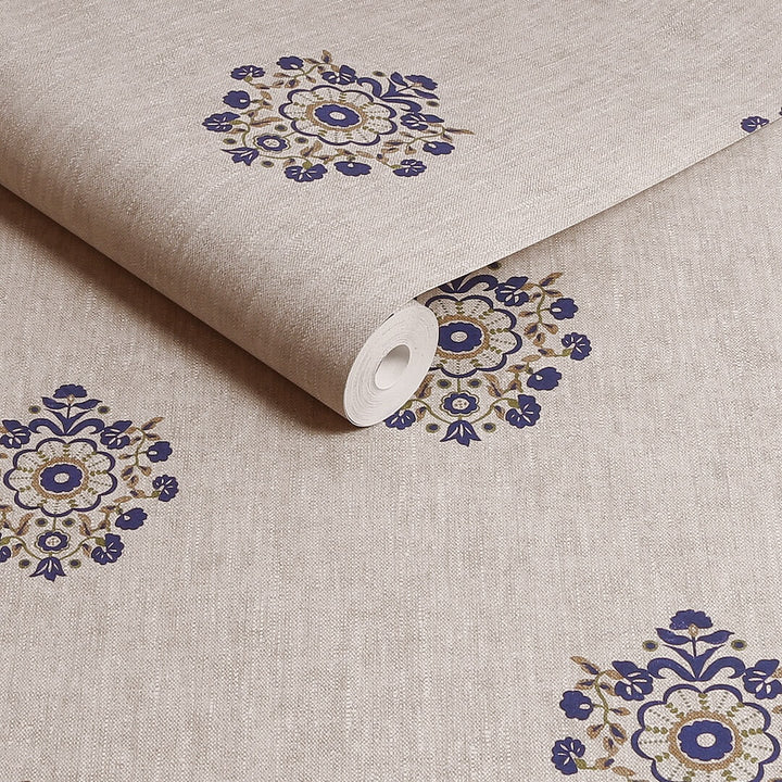 Joules Grove Motif Print Linen & Blue Wallpaper