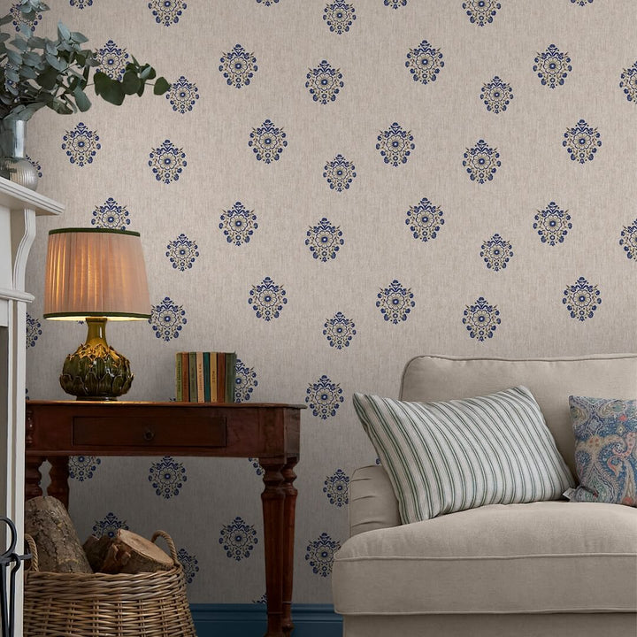 Joules Grove Motif Print Linen & Blue Wallpaper