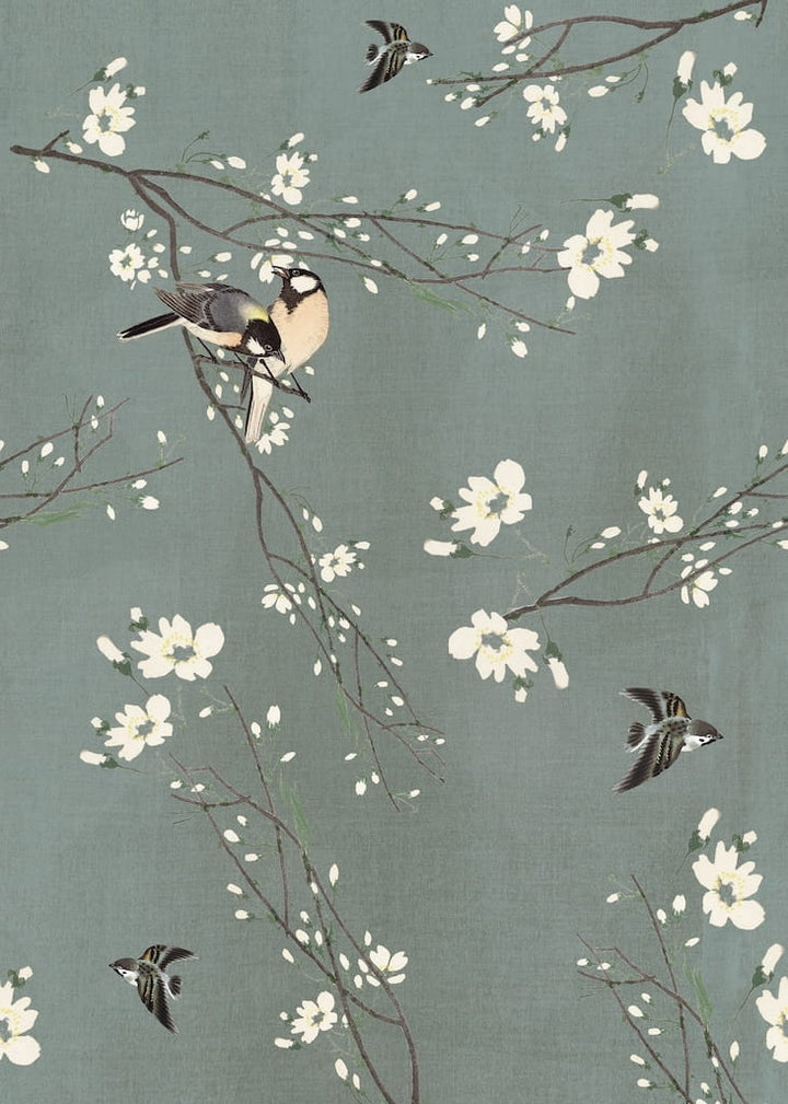 127043FXST - Graham & Brown - Art for the Home Birds & Blossom Dark Duck Egg Mural - Decor Warehouse