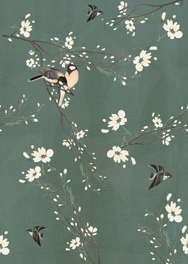 127034FXST - Graham & Brown - Art for the Home Birds & Blossom Dark Green Mural - Decor Warehouse