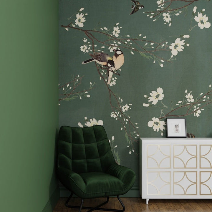 127034FXST - Graham & Brown - Art for the Home Birds & Blossom Dark Green Mural - Decor Warehouse