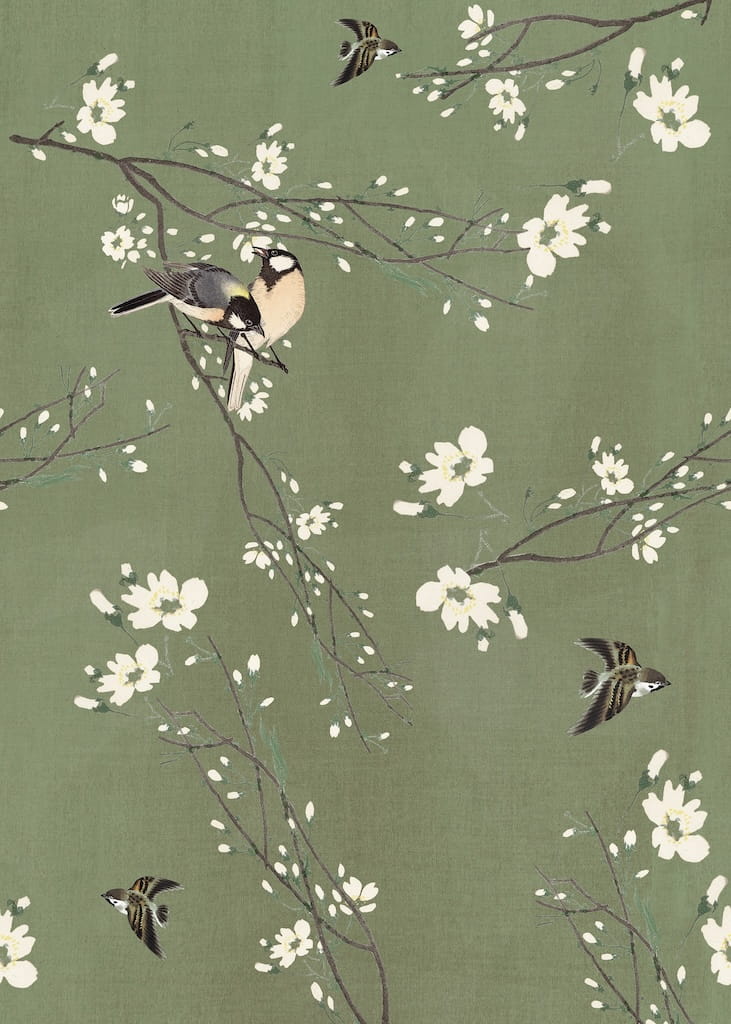 127025FXST - Graham & Brown - Art for the Home Birds & Blossom Green Mural - Decor Warehouse