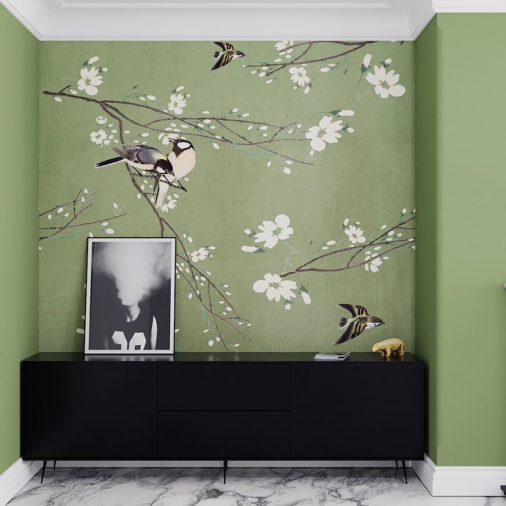 127025FXST - Graham & Brown - Art for the Home Birds & Blossom Green Mural - Decor Warehouse