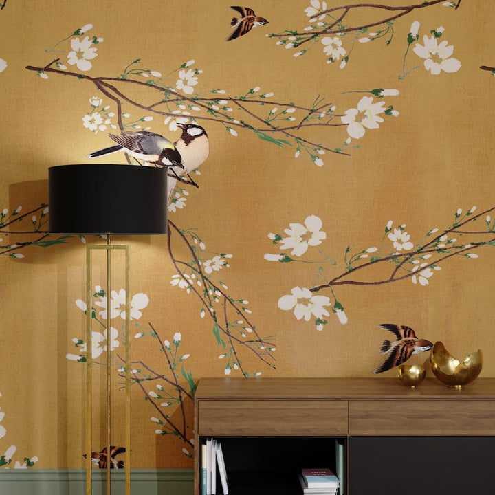 127052FXST - Graham & Brown - Art for the Home Birds & Blossom Ochre Mural - Decor Warehouse