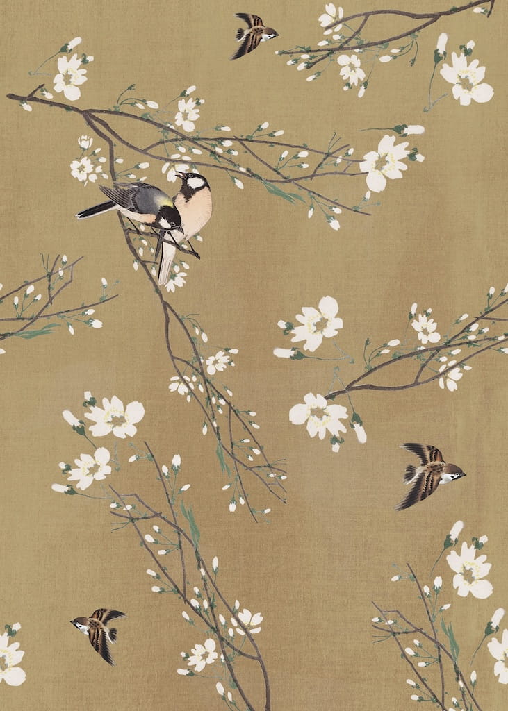 127052FXST - Graham & Brown - Art for the Home Birds & Blossom Ochre Mural - Decor Warehouse