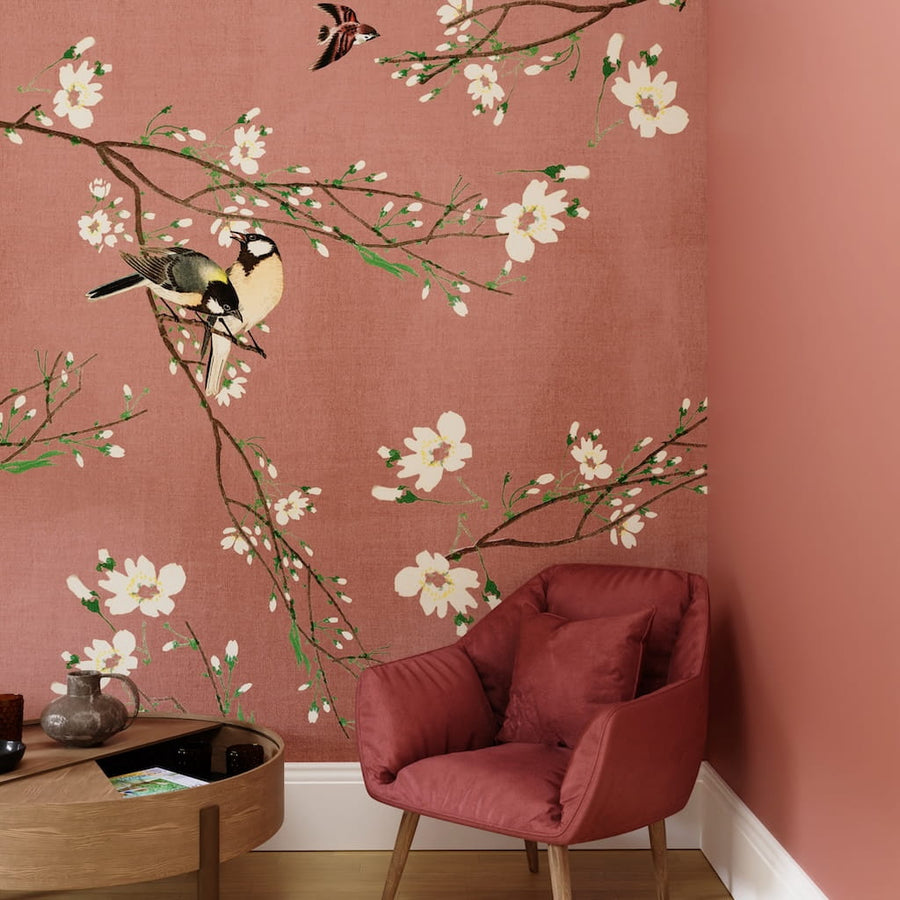 127016FXST - Graham & Brown - Art for the Home Birds & Blossom Pink Mural - Decor Warehouse