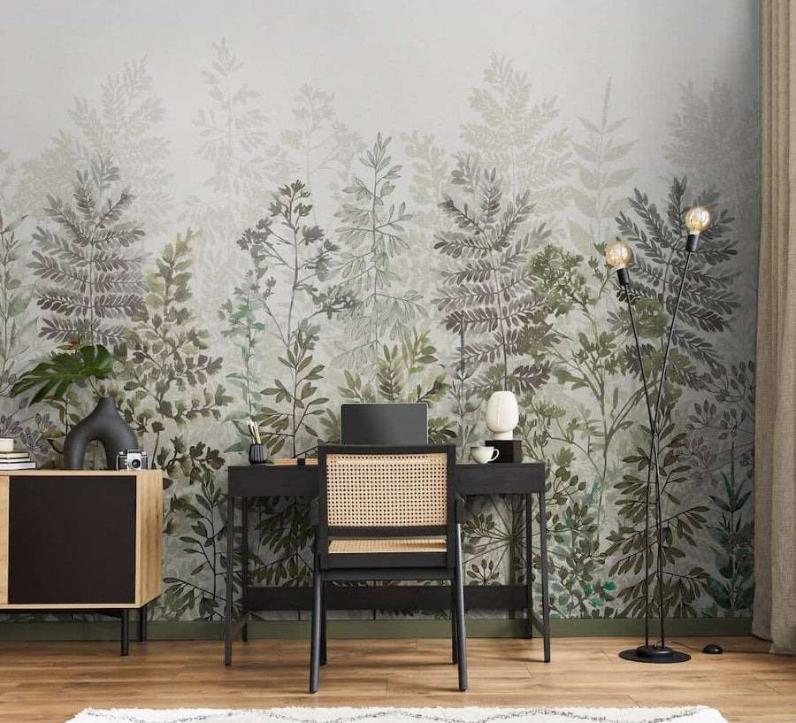 125936FXST - Graham & Brown - Art for the Home Leaf Silhouette Sage Mural - Decor Warehouse