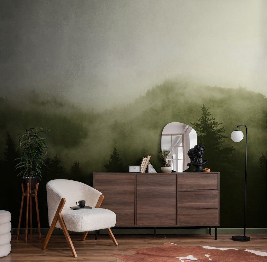 125702FXST - Graham & Brown - Art for the Home Misty Landscape Green Mural - Decor Warehouse