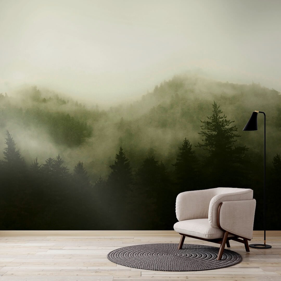 125702FXST - Graham & Brown - Art for the Home Misty Landscape Green Mural - Decor Warehouse