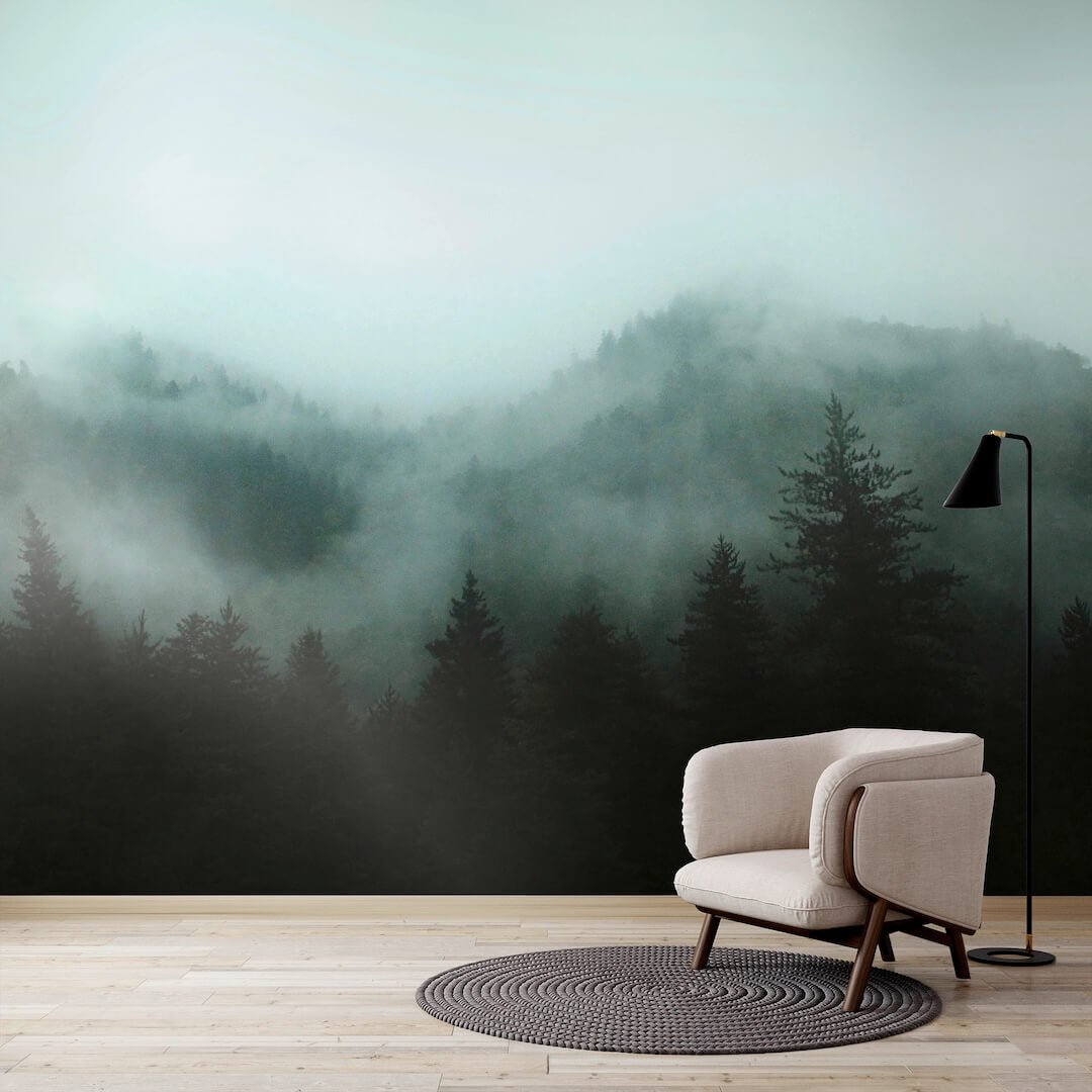 125711FXST - Graham & Brown - Art for the Home Misty Landscape Teal Mural - Decor Warehouse