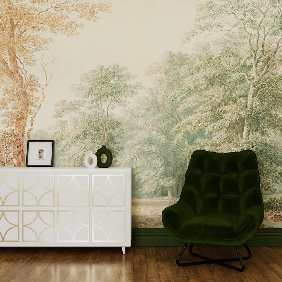 126881FXST - Graham & Brown - Art for the Home Stately Woodland Neutral Green Mural - Decor Warehouse