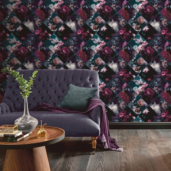 297100 - Arthouse - Arthouse Floral Collage Plum & Teal Wallpaper - Decor Warehouse