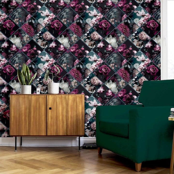 297100 - Arthouse - Arthouse Floral Collage Plum & Teal Wallpaper - Decor Warehouse