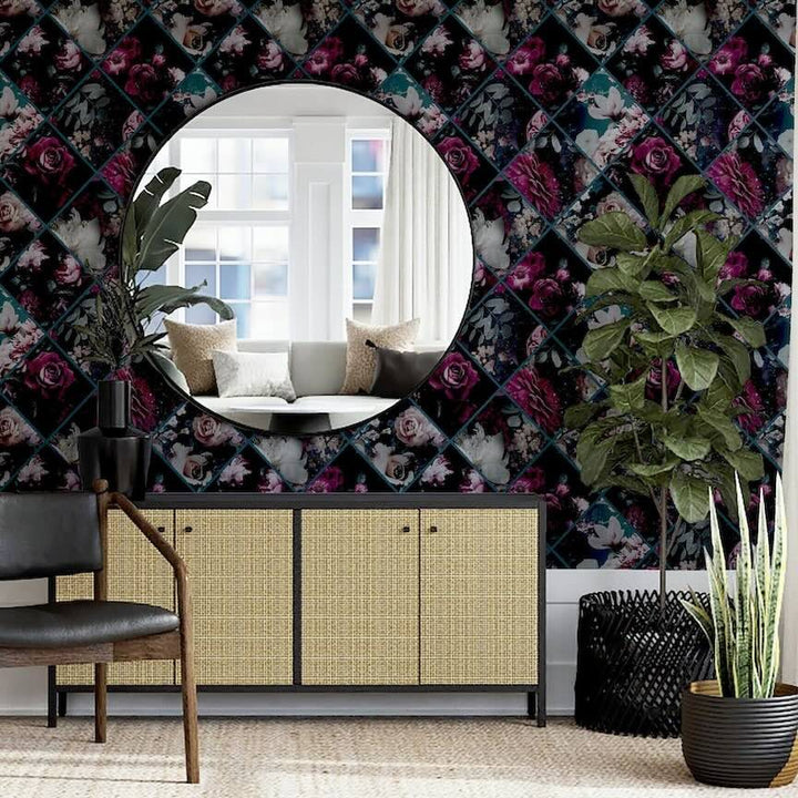 297100 - Arthouse - Arthouse Floral Collage Plum & Teal Wallpaper - Decor Warehouse