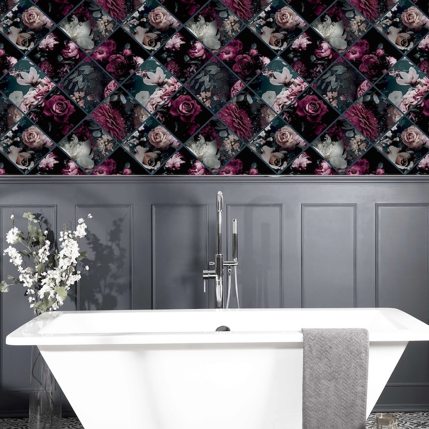 297100 - Arthouse - Arthouse Floral Collage Plum & Teal Wallpaper - Decor Warehouse