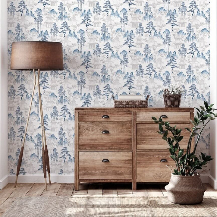 924803 - Arthouse - Arthouse Japanese Pagoda Blue Grey Wallpaper - Decor Warehouse