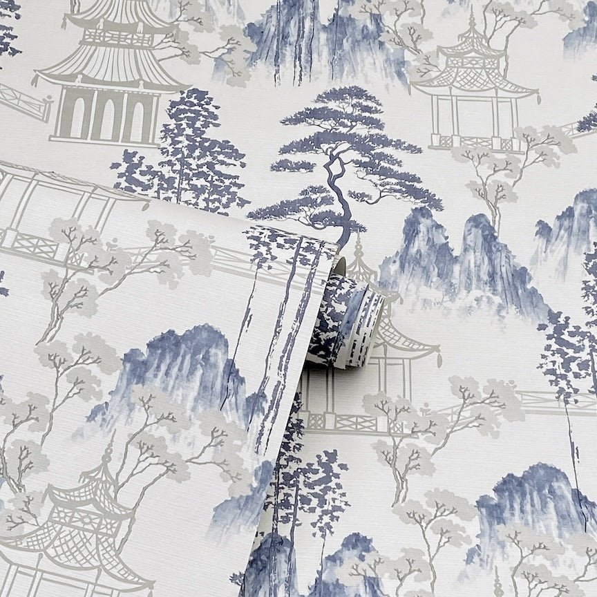 924803 - Arthouse - Arthouse Japanese Pagoda Blue Grey Wallpaper - Decor Warehouse