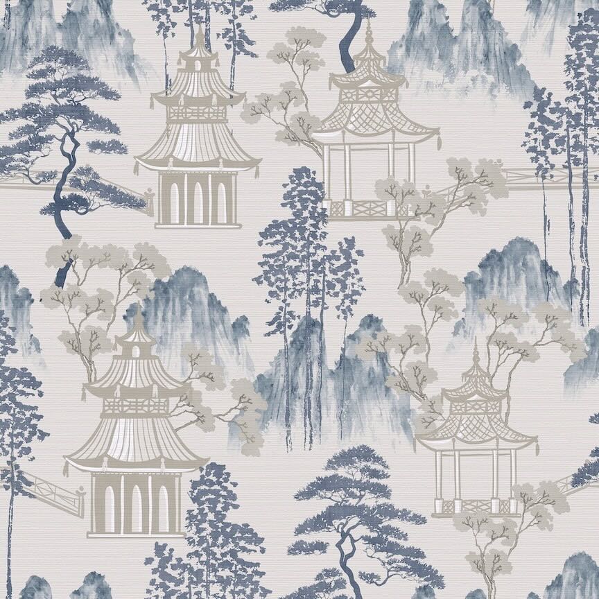 924803 - Arthouse - Arthouse Japanese Pagoda Blue Grey Wallpaper - Decor Warehouse