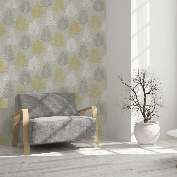 697800 - Arthouse - Arthouse Linen Palm Ochre/Grey Wallpaper - Decor Warehouse