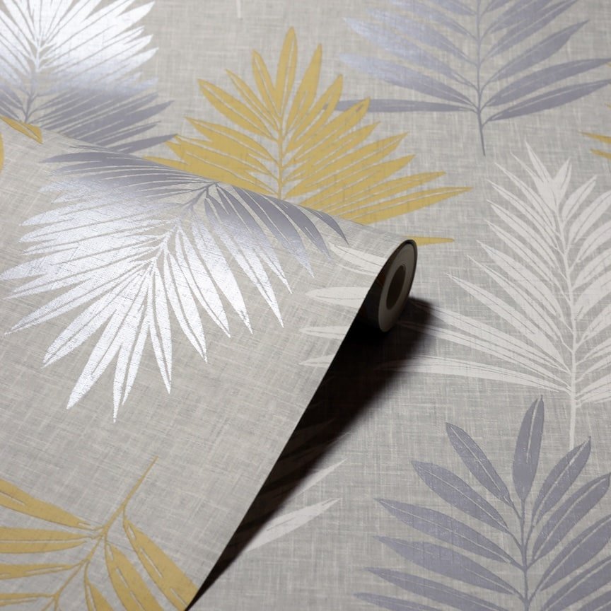 697800 - Arthouse - Arthouse Linen Palm Ochre/Grey Wallpaper - Decor Warehouse