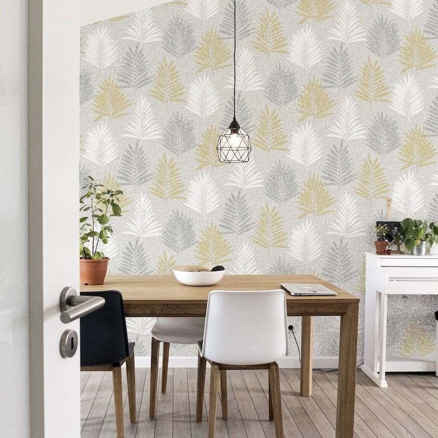 697800 - Arthouse - Arthouse Linen Palm Ochre/Grey Wallpaper - Decor Warehouse