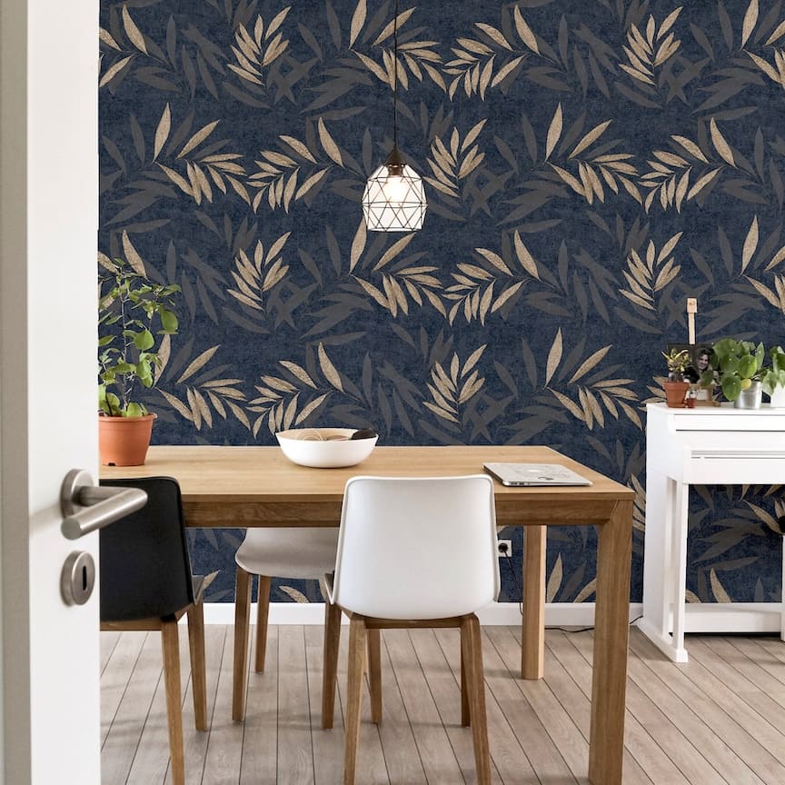 299301 - Arthouse - Arthouse Luxury Leaf Navy Champagne Wallpaper - Decor Warehouse