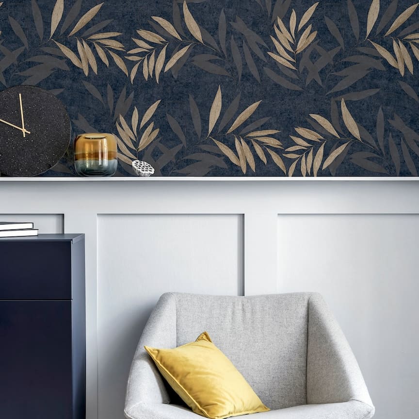 299301 - Arthouse - Arthouse Luxury Leaf Navy Champagne Wallpaper - Decor Warehouse