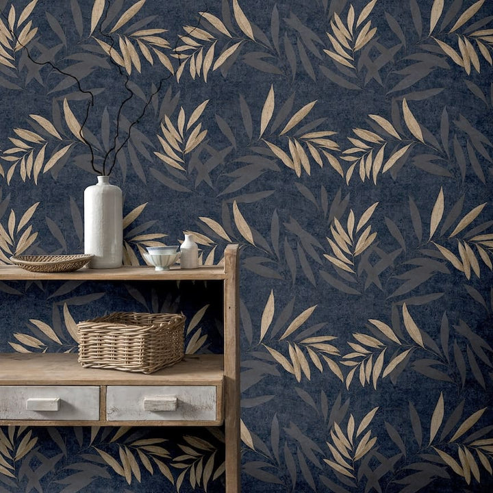 299301 - Arthouse - Arthouse Luxury Leaf Navy Champagne Wallpaper - Decor Warehouse