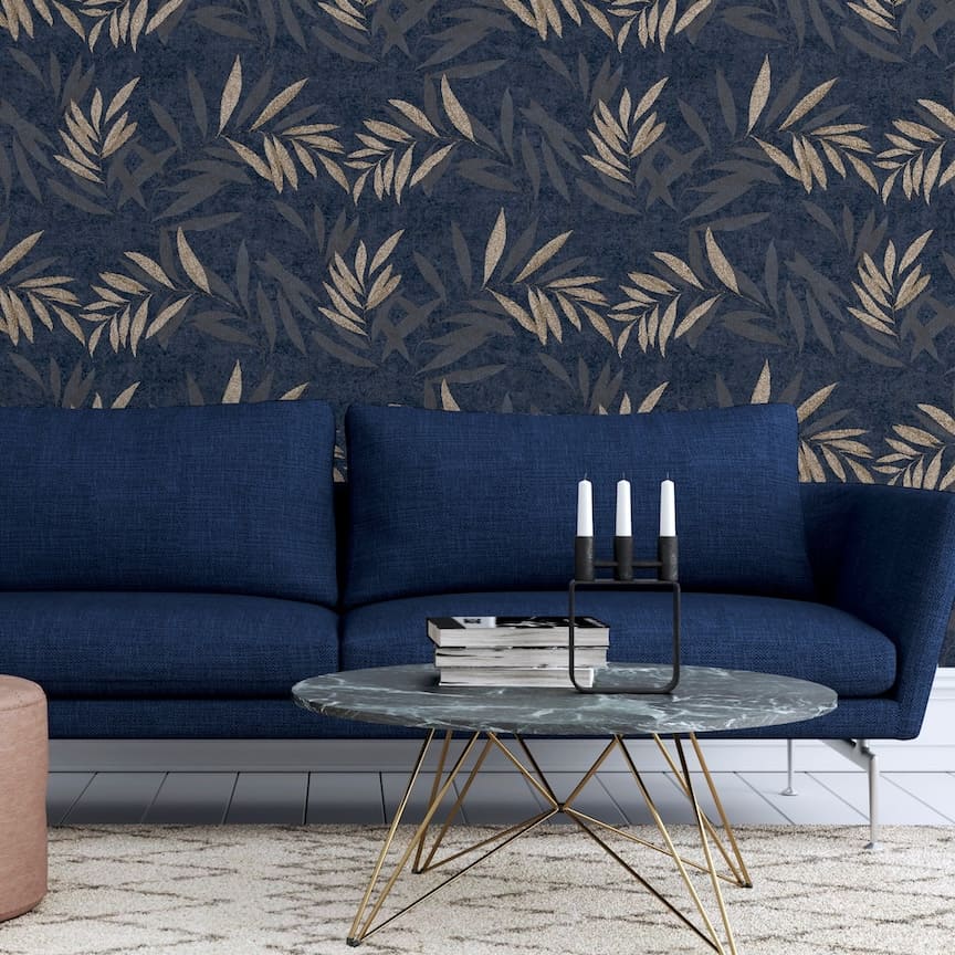 299301 - Arthouse - Arthouse Luxury Leaf Navy Champagne Wallpaper - Decor Warehouse