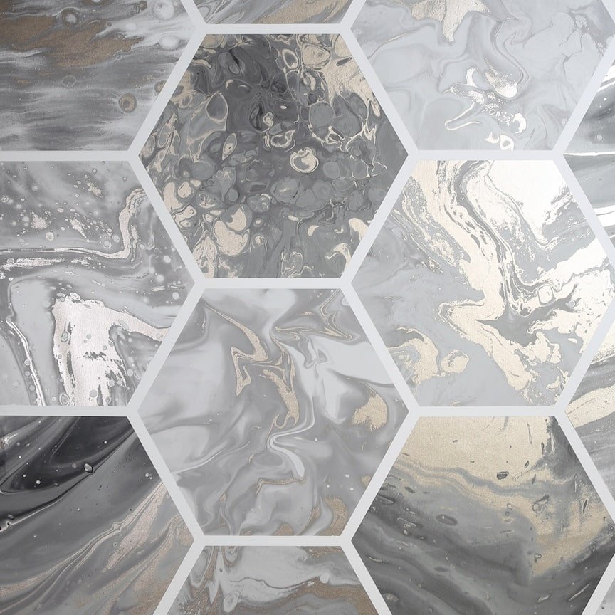 908502 - Arthouse - Arthouse Marbled Hex Charcoal/Rose Gold Wallpaper - Decor Warehouse