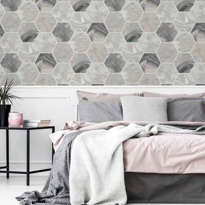 908502 - Arthouse - Arthouse Marbled Hex Charcoal/Rose Gold Wallpaper - Decor Warehouse