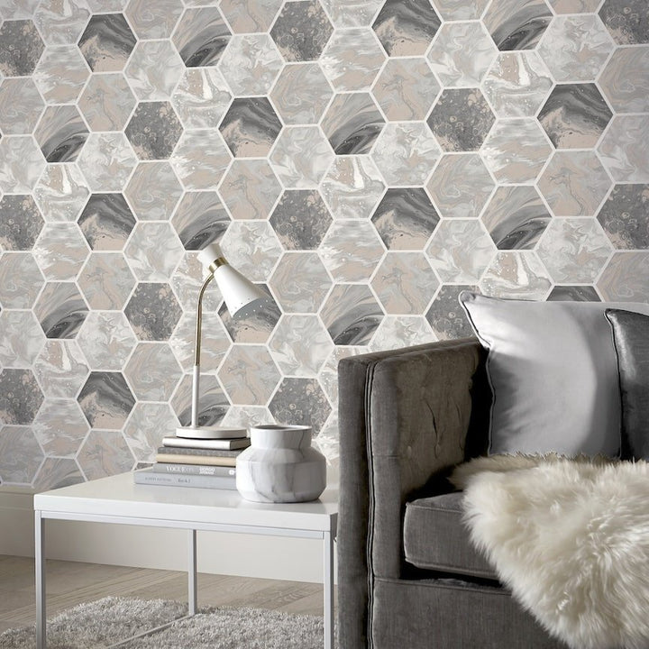 908502 - Arthouse - Arthouse Marbled Hex Charcoal/Rose Gold Wallpaper - Decor Warehouse