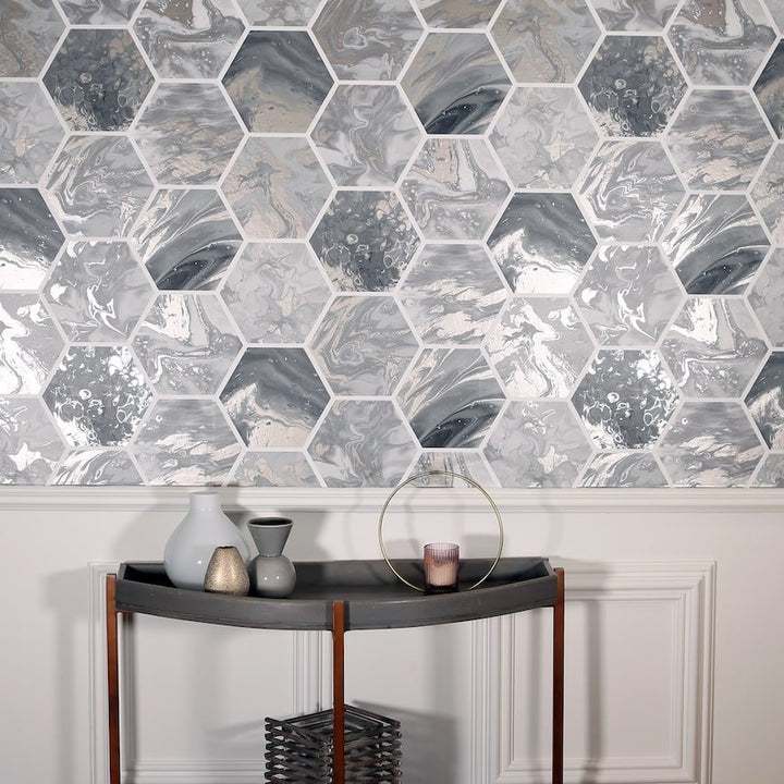 908502 - Arthouse - Arthouse Marbled Hex Charcoal/Rose Gold Wallpaper - Decor Warehouse