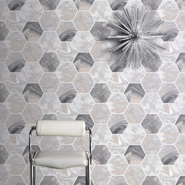 908502 - Arthouse - Arthouse Marbled Hex Charcoal/Rose Gold Wallpaper - Decor Warehouse