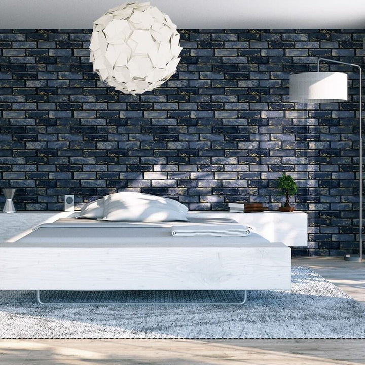 692200 - Arthouse - Arthouse Metallic Brick Navy/Gold Wallpaper - Decor Warehouse