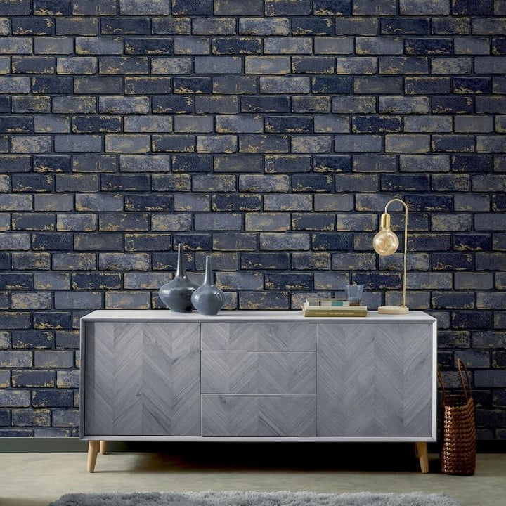 692200 - Arthouse - Arthouse Metallic Brick Navy/Gold Wallpaper - Decor Warehouse