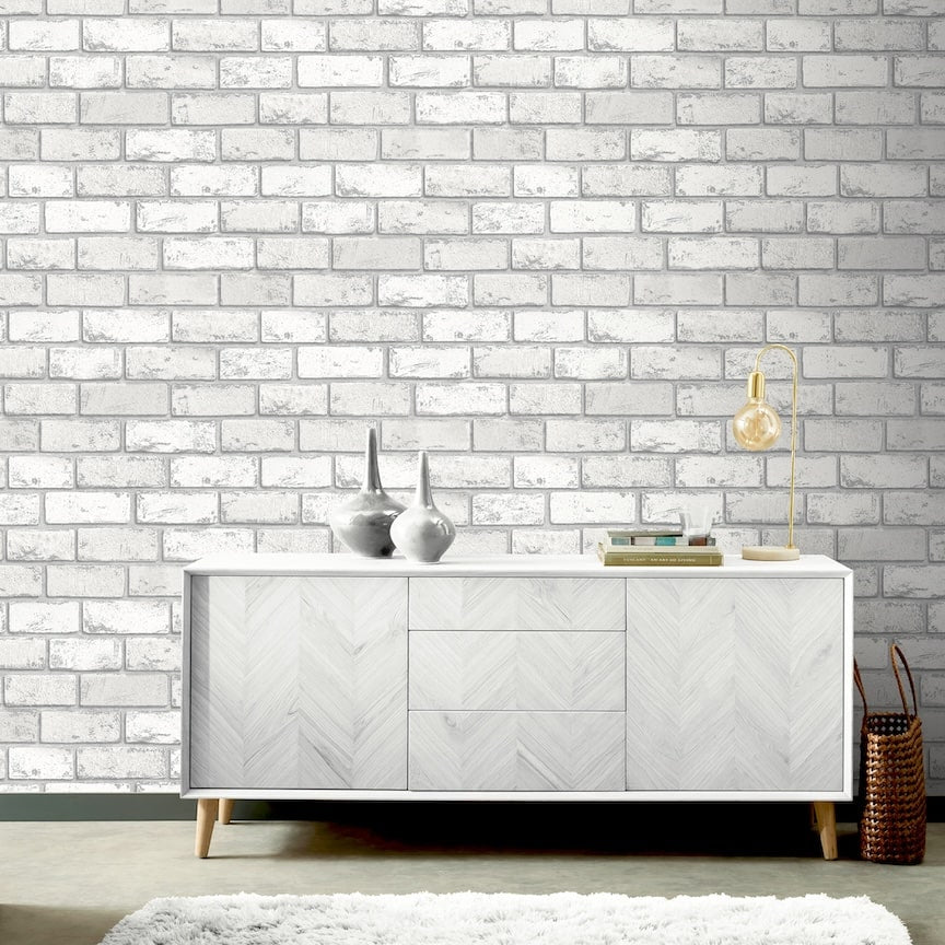 692201 - Arthouse - Arthouse Metallic Brick White/Silver Wallpaper - Decor Warehouse