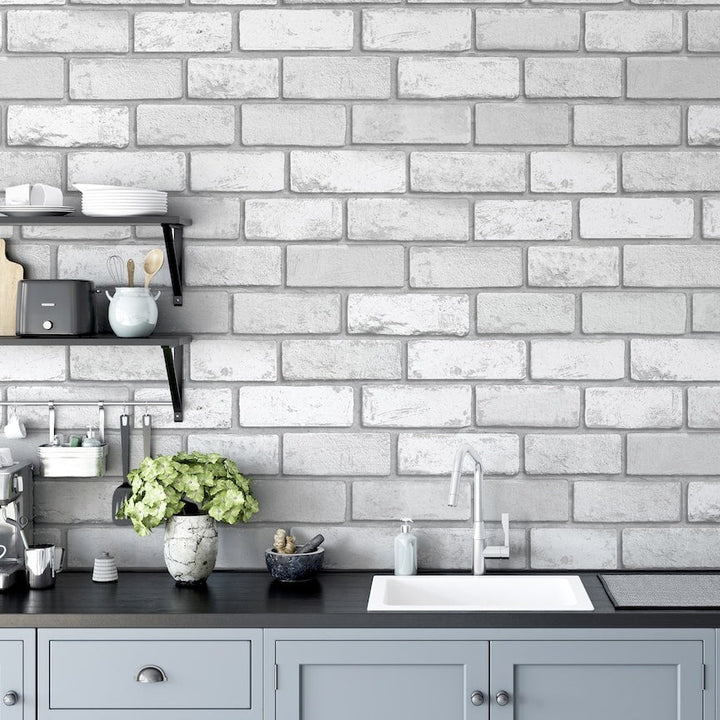 692201 - Arthouse - Arthouse Metallic Brick White/Silver Wallpaper - Decor Warehouse