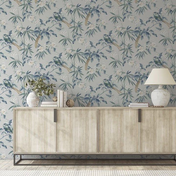 924500 - Arthouse - Arthouse Oriental Floral Birds Grey/Blue Wallpaper - Decor Warehouse