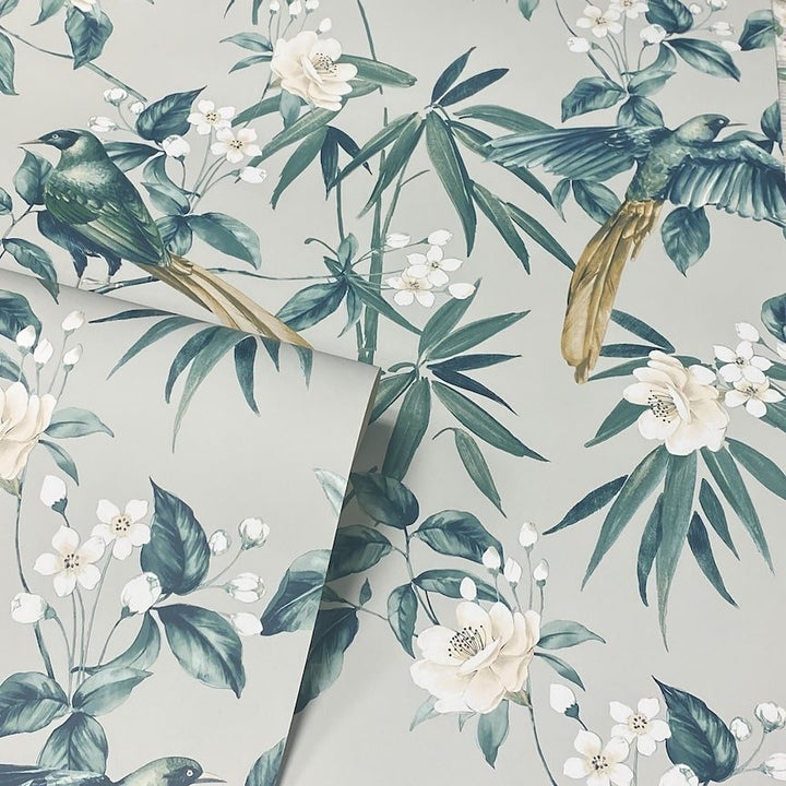 924500 - Arthouse - Arthouse Oriental Floral Birds Grey/Blue Wallpaper - Decor Warehouse