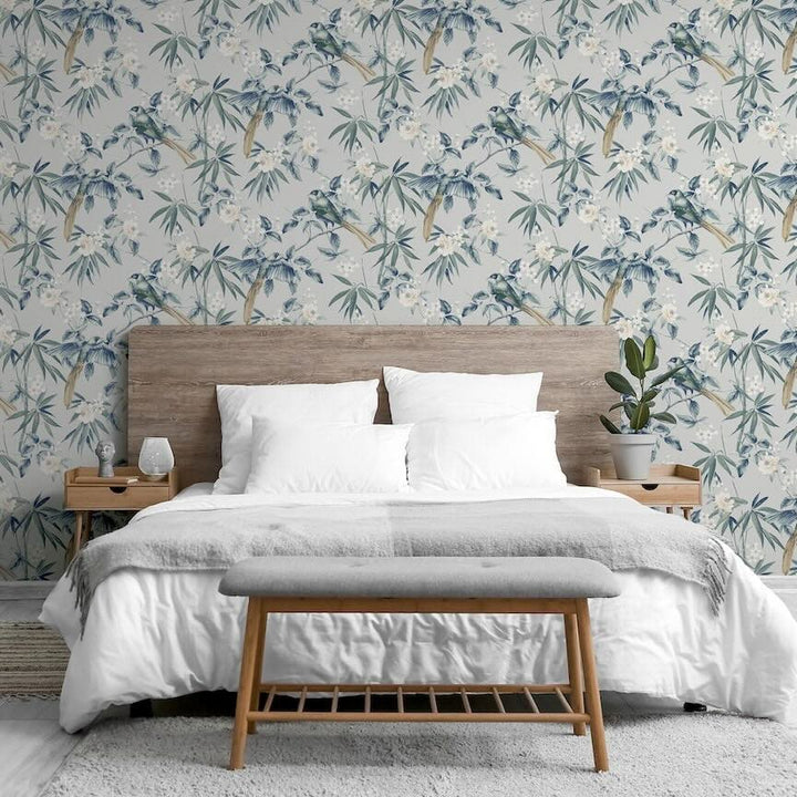 924500 - Arthouse - Arthouse Oriental Floral Birds Grey/Blue Wallpaper - Decor Warehouse