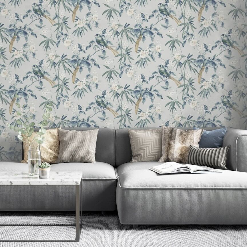 924500 - Arthouse - Arthouse Oriental Floral Birds Grey/Blue Wallpaper - Decor Warehouse