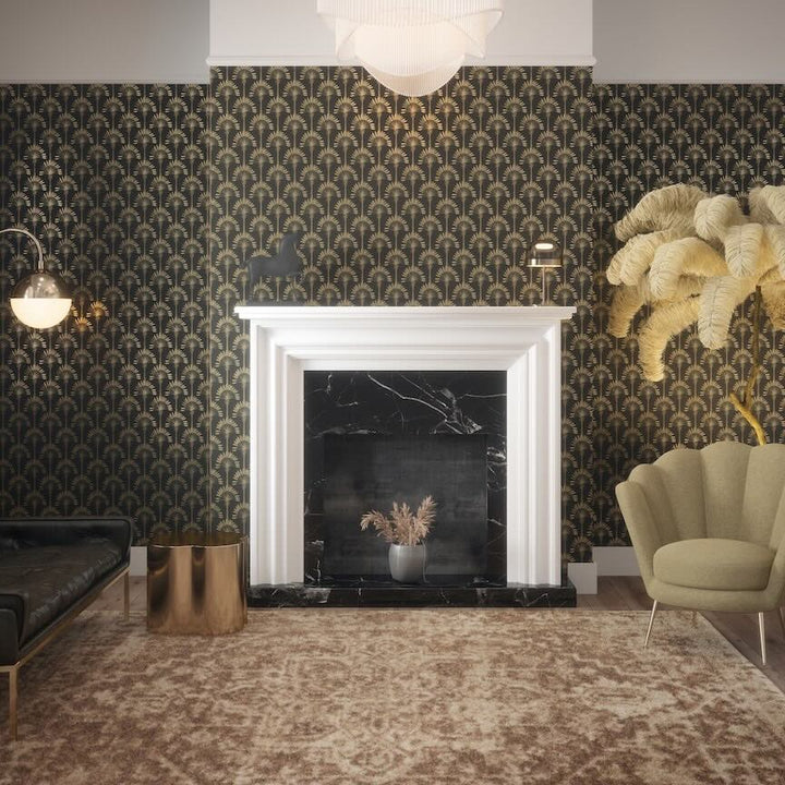 921702 - Arthouse - Arthouse Palm Palace Black & Gold Wallpaper - Decor Warehouse