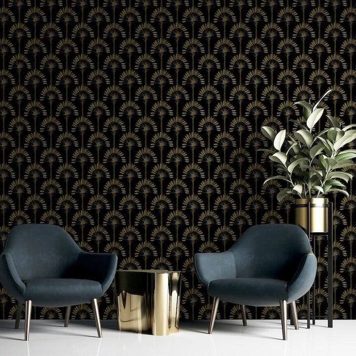 921702 - Arthouse - Arthouse Palm Palace Black & Gold Wallpaper - Decor Warehouse