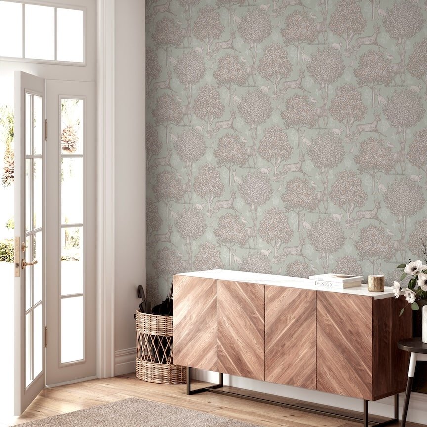 924606 - Arthouse - Arthouse Woodland Scene Sage Green Wallpaper - Decor Warehouse