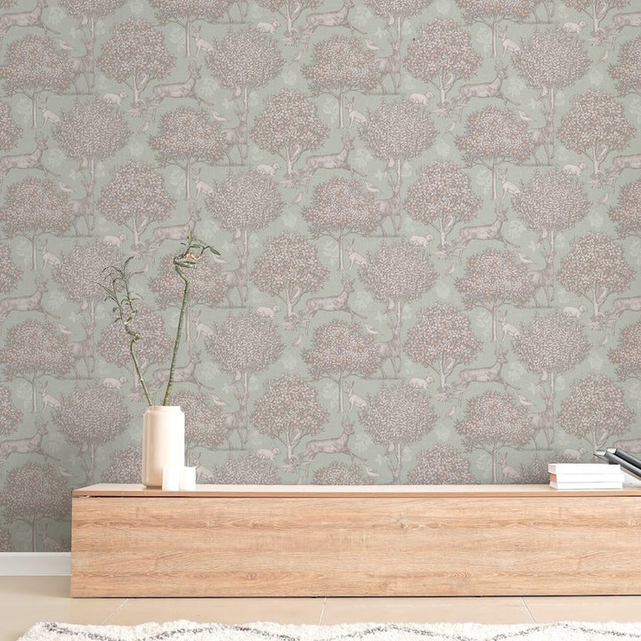 924606 - Arthouse - Arthouse Woodland Scene Sage Green Wallpaper - Decor Warehouse