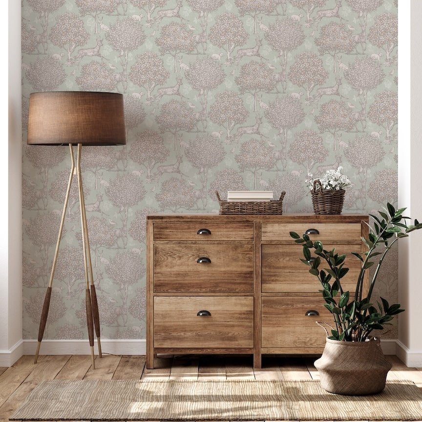 924606 - Arthouse - Arthouse Woodland Scene Sage Green Wallpaper - Decor Warehouse