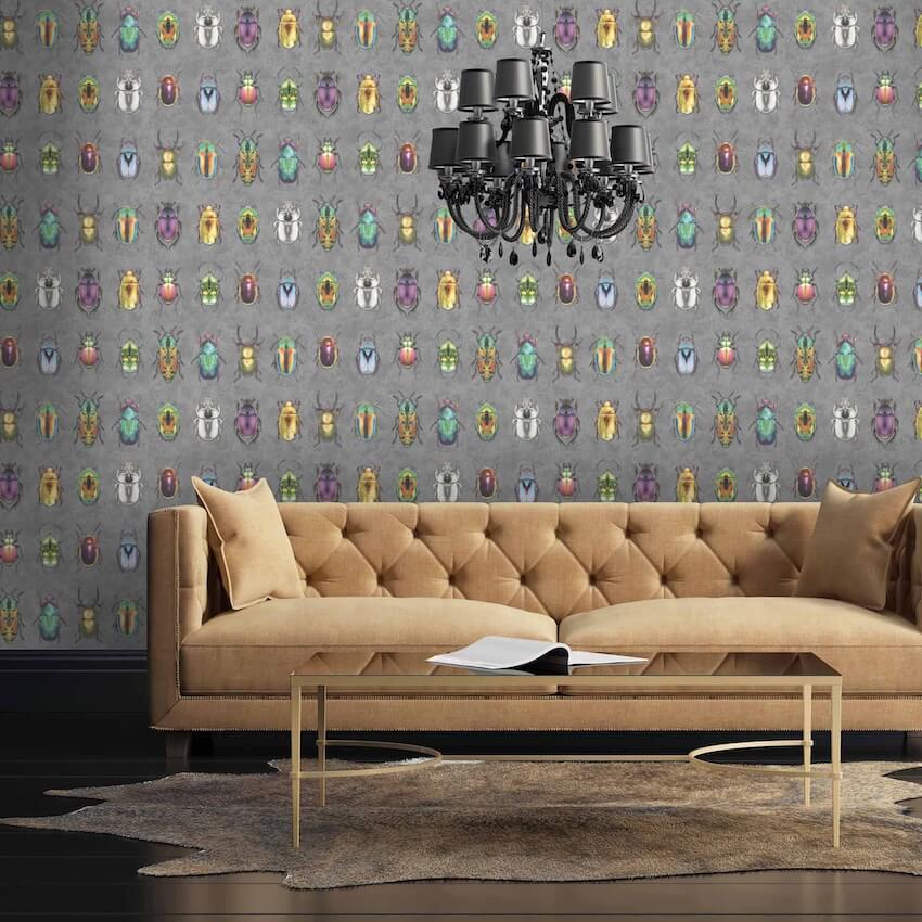 WM-092-1-Woodchip & Magnolia-Beetle Jewels Multi Charcoal Wallpaper-Decor Warehouse